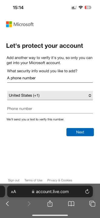 Microsoft kayıt adımı