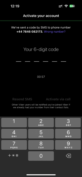 Viber doğrulama kodu örneği