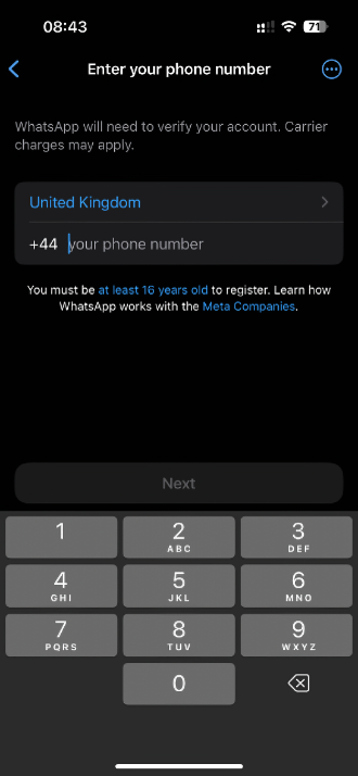 WhatsApp kayıt adımı